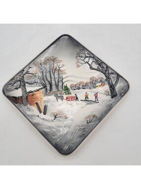 Vintage W.Germany Winter Relief Square Wall Plate Forest Cottage